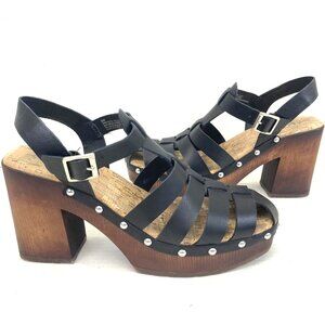 Korks Studded Wood Heel Sandals Womens 8M Black Platform Strappy Slingback Shoes